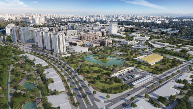 החזון החדש שיבא. השטחים שיפונו יוקדשו לפארק ולתחבורה ציבורית / הדמיה: אדריכלית אורנה פרייפלד, TEMA