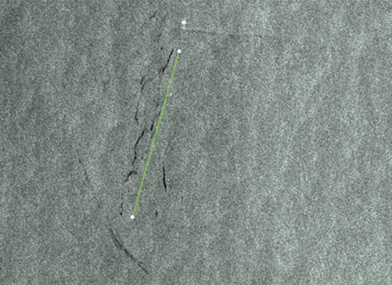 צילום לוויין של אחד הכתמים. קוטר הכתם עמד על 12.3 ק"מ. הנקודה הלבנה מסמלת ספינה / צילום: גרינפיס ישראל