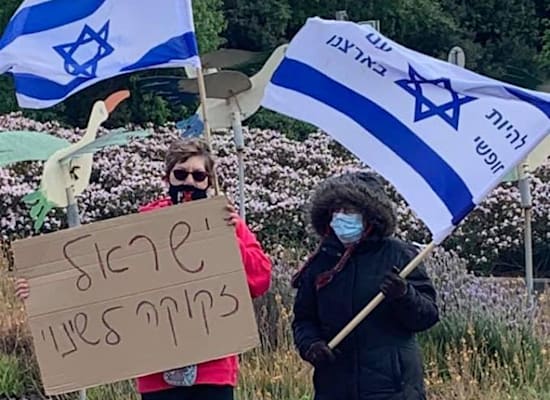 מפגינים נגד בנימין נתניהו והשחיתות השלטונית בבני יהודה בגולן / צילום: הדגלים השחורים מפגינים נגד בנימין נתניהו והשחיתות השלטונית בבני יהודה בגולן / צילום: הדגלים השחורים