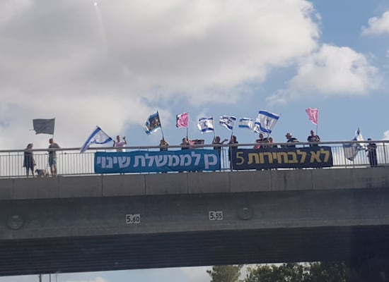 מפגינים בצומת חורשים / צילום: הדגלים השחורים