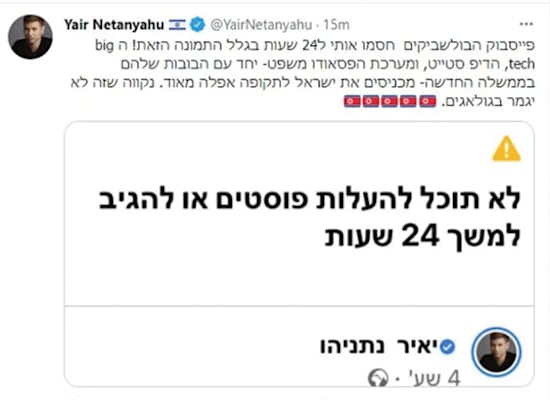 יאיר נתניהו מפרסם טוויטר על החסימה בפייסבוק / צילום: מתוך טוויטר