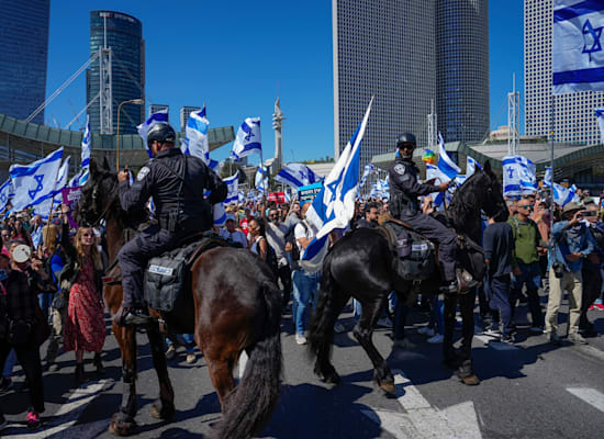 פרשי המשטרה חוסמים את המפגינים בצומת השלום מלרדת לאיילון / צילום: Associated Press, Ariel Schalit פרשי המשטרה חוסמים את המפגינים בצומת השלום מלרדת לאיילון / צילום: Associated Press, Ariel Schalit