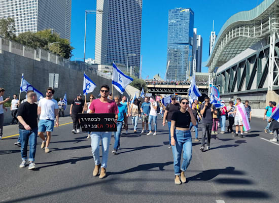 מפגינים צועדים באיילון / צילום: גלובס