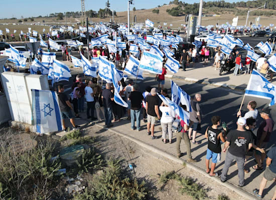 מפגינים נגד המהפכה המשפטית, בצומת נהלל, הערב / צילום: צביקה גולן