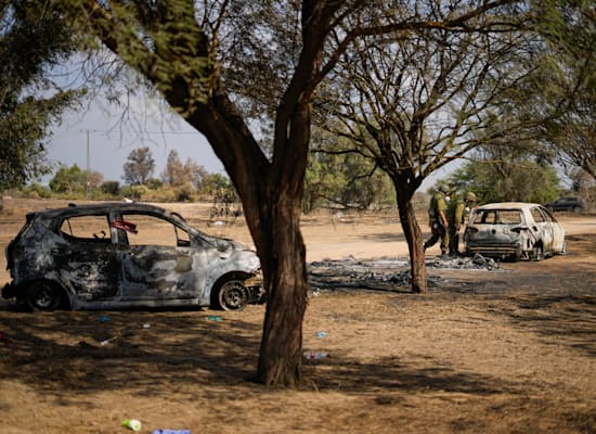 חיילי צה''ל סורקים היום כלי רכב שרופים באזור האסון שבו נערך פסטיבל נובה / צילום: ap, Ariel Schalit