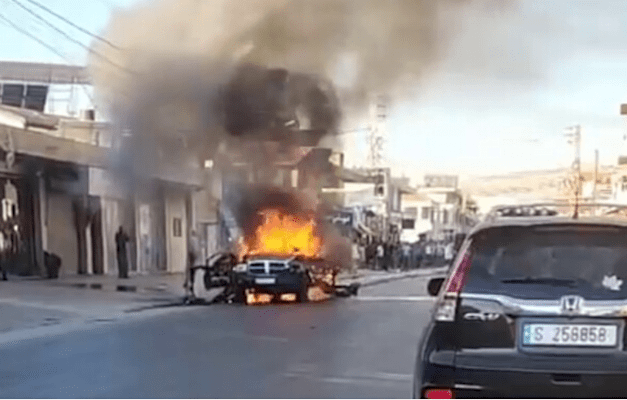 הרכב שנשרף על פי הדיווח לאחר תקיפת צה''ל הרכב שנשרף על פי הדיווח לאחר תקיפת צה''ל