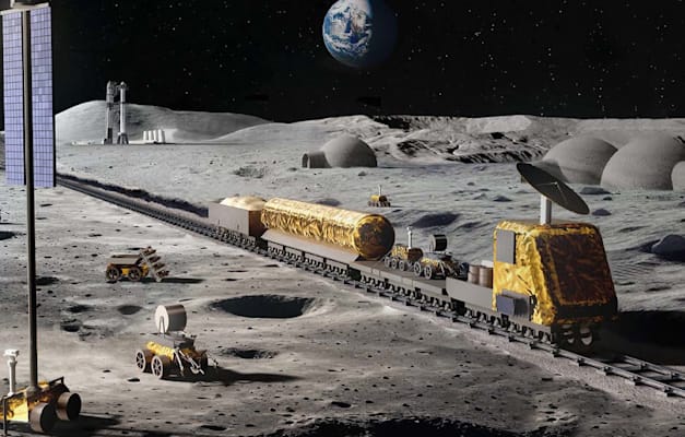 הדמיה של מושבה על הירח. עד 2035 היא תכלול מסילות רכבת, רובוטים ומתקני כרייה / צילום: באדיבות מונשוט