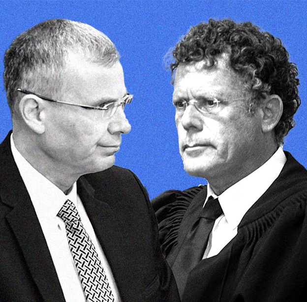 נשיא בית המשפט העליון, השופט יצחק עמית, ושר המשפטים יריב לוין / צילום: יונתן זינגל/פלאש 90, נועם מושקוביץ'/דוברות הכנסת