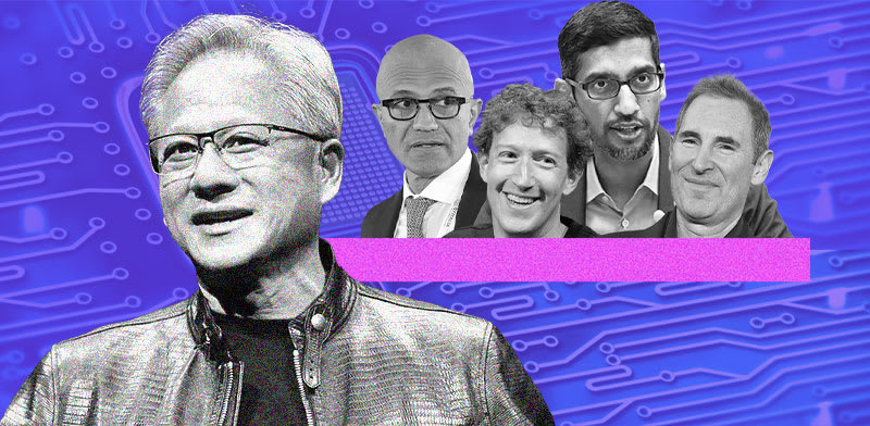 ג'סי, פיצ'אי, צוקרברג, נאדלה, הואנג/ אילוסטרציה: טלי בוגדנובסקי, צילומים: Alex Brandon LM Otero Jordan Strauss ,AP, David Zalubowski