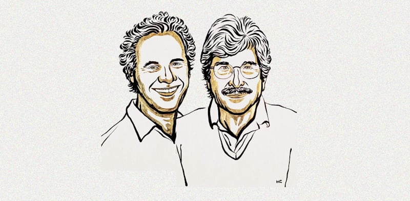 פרופ' גרי רובקון ופרופ' ויקטור אמברוז, זוכי פרס נובל בפיזיולוגיה ורפואה לשנת 2024 / צילום: Ill. Niklas Elmehed © Nobel Prize Outreach