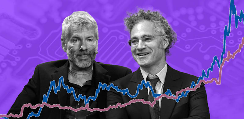 מנכ''ל פלנטיר, קארפ ומנכ''ל מיקרוסטרטג'י, סיילור / צילום: ap, J. Scott Applewhite, Rebecca Blackwell