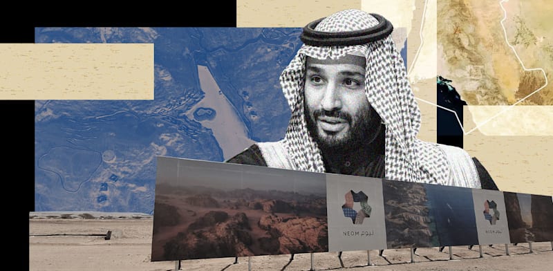 מוחמד בין סלמן וחזונו / צילומים: AP-Bandar Aljaloud, Shutterstock, neom, עיצוב: טלי בוגדנובסקי