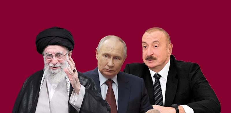 נשיא אזרבייג'ן אילהם אלייב, נשיא רוסיה ולדימיר פוטין, המנהיג העליון של איראן עלי חמינאי / צילום: ap, Mikhail Metzel, Office of the Iranian Supreme Leader, Azerbaijani Presidential Press Office