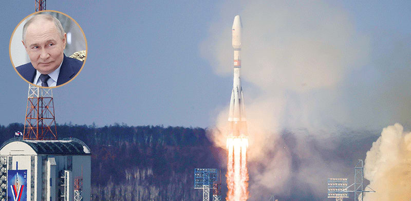 שיגור לוויין איראני בנמל החלל קוסמודרום ווסטוצ'ני ברוסיה (בעיגול: ולדימיר פוטין, נשיא רוסיה) / צילום: רויטרס - Alexander Kazakov