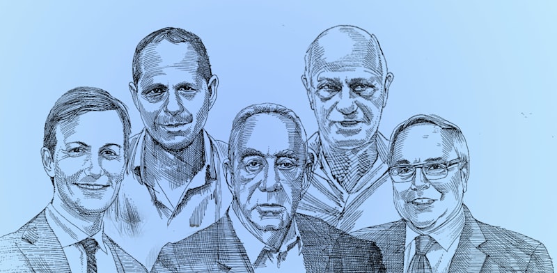 שלמה אליהו, ערן גריפל, יאיר המבורגר,אלפרד אקירוב, ג'ארד קושנר / איור: גיל ג'יבלי