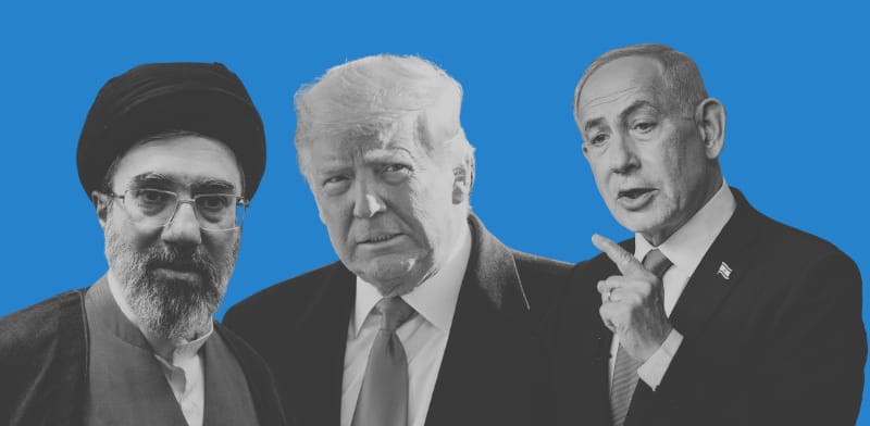 בנימין נתניהו, דונלד טראמפ ומוג'תבא חמינאי / צילום: נעם ריבקין פנטון - "הארץ", רויטרס, Hamed Jafarnejad, AP