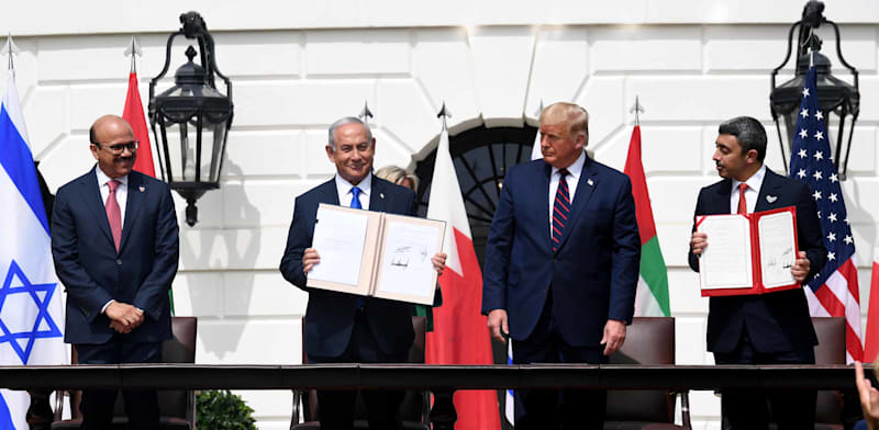 נתניהו, טראמפ, בן ראשיד ובן זאיד בטקס החתימה על הסכמי אברהם. ספטמבר 2020 / צילום: אבי אוחיון - לע''מ