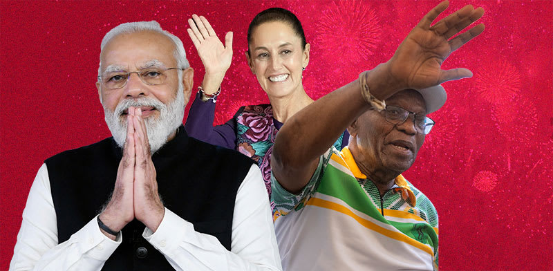 נשיא דרום אפריקה לשעבר ג'ייקוב זומה, קלאודיה שיינבאום, הנשיאה הנבחרת של מקסיקו, ונרנדרה מודי, ראש ממשלת הודו / צילום: ap, Eduardo Verdugo, Emilio Morenatti