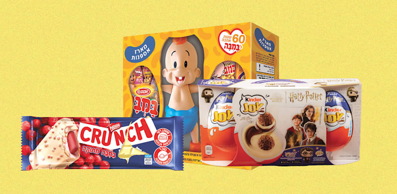 מימין למעלה בכיוון השעון: מארז הבמבה, קראנץ' במבה אדומה וביצי קינדר עם בובות הארי פוטר / צילומים: יחצ אסם, גלידות נסטלה, שאטרסטוק