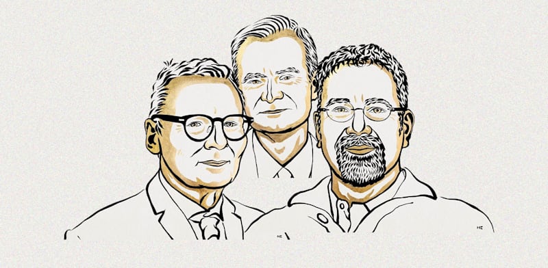 "דרון אג'מולו, סיימון ג'ונסון וג'יימס א. רובינסון, זוכי פרס נובל לכלכלה / צילום: Ill. Niklas Elmehed © Nobel Prize Outreach"