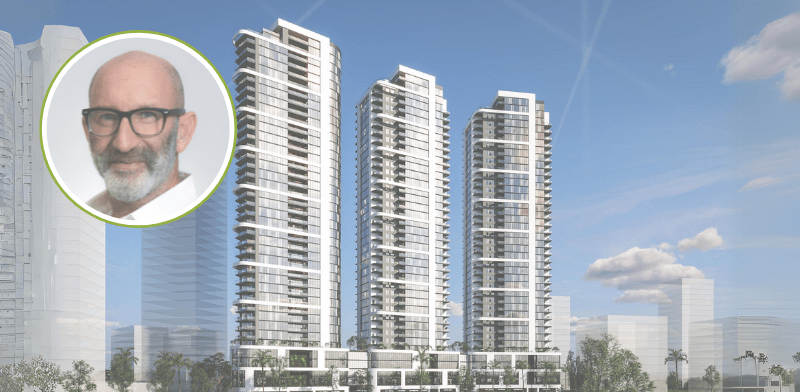 "מהנדס עיריית גבעתיים שגיא תמרי והדמייה פרויקט נגה / צילום: הדמיה: SNAPSHOP, צילום: אלירן אביטל"