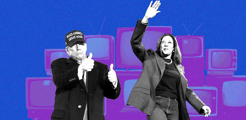 קמלה האריס ודונלד טראמפ, סיקור יום הבחירות / עיצוב: טלי בוגדנובסקי, צילומים: AP-Jacquelyn Martin, Evan Vucci