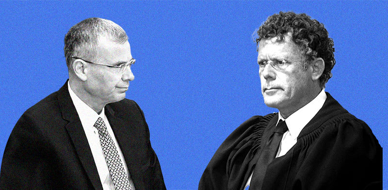 "נשיא בית המשפט העליון, השופט יצחק עמית, ושר המשפטים יריב לוין / צילום: יונתן זינגל/פלאש 90, נועם מושקוביץ'/דוברות הכנסת"