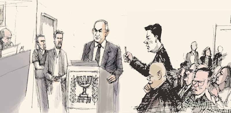 עדות נתניהו בבית המשפט המחוזי בתל אביב / איור: גיל ג'יבלי