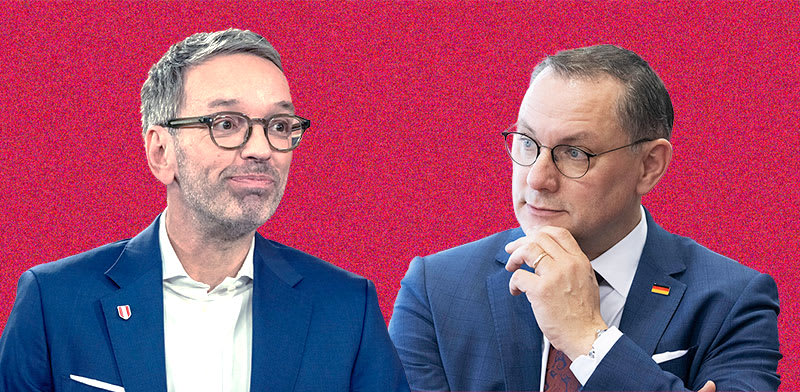 מנהיג מפלגת אלטרנטיבה לגרמניה, טינו כרופלה ומנהיג מפלגת החירות האוסטרית, הרברט קיקל / צילומים: רויטרס -Sebastian Kahnert - AP, Andreea Alexandru