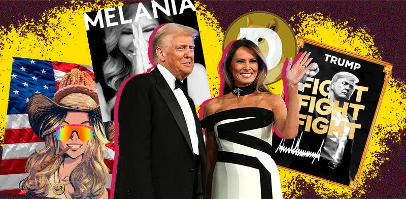 / צילום:  שהשיק טראמפ, מטבע הדודג', המטבע שהשיקה מלניה והיילי וולש שניצלה הייפ והנפיקה מטבע מם / צילומים: מתוך איקס, AP-Evan Vucci"