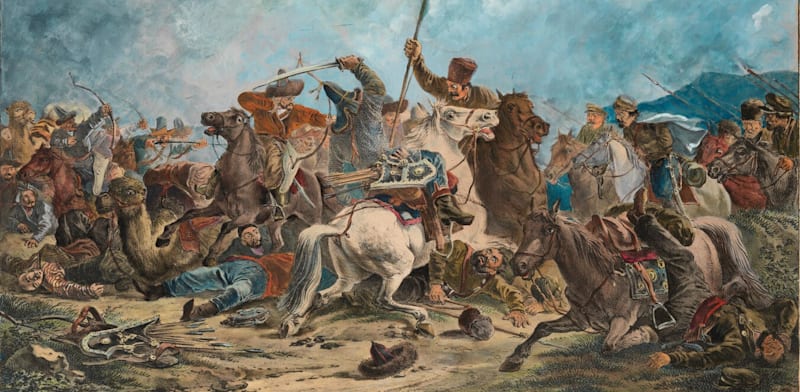 'הקרב של הקוזאקים מול הקירגיזים' של האומן אלכסנדר אורלובסקי / צילום: macdougallauction.com, wikimedia