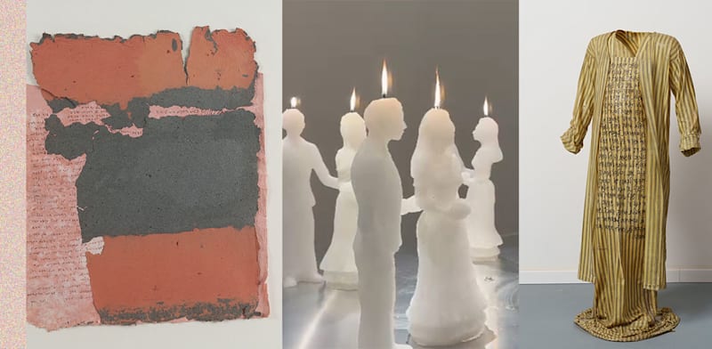 / צילום: : בגדים עם טקסט מאת אגי משעול (2011) בד, אפוקסי, צבע; ''כלולות'' (2005) צילום באדיבות גלריה צימבליסטה; עפרה צימבליסטה ויונה וולך ''כל המקום'' (1984), צילום אורי שדה, אוסף בנו כלב"