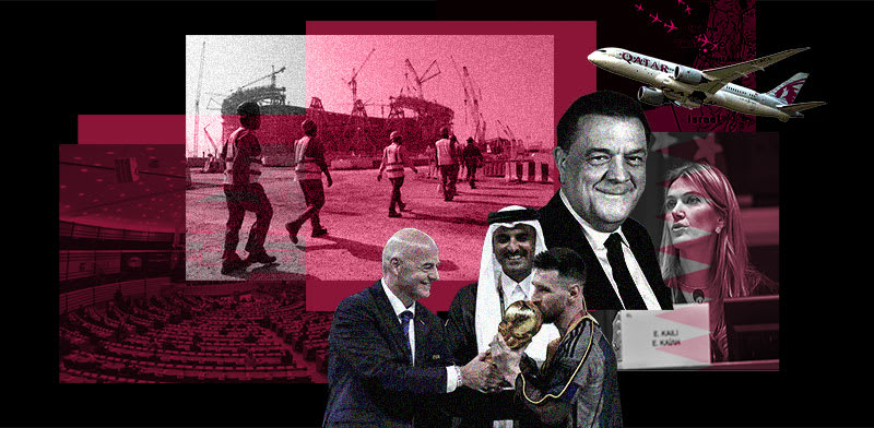 / צילום: ;השיטה הקטארית" / עיבוד: טלי בוגדנובסקי; צילומים: AP/European Parliament, Manu Fernandez, Hassan Ammar, Diliff/wikipedia"