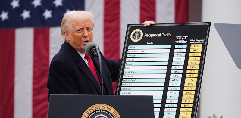 "נשיא ארה''ב דונלד טראמפ מציג את תוכנית המכסים / צילום: ap, Mark Schiefelbein"