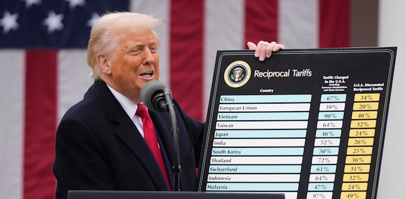 "טראמפ מציג את תוכנית המכסים באפריל 2025 / צילום: ap, Mark Schiefelbein"