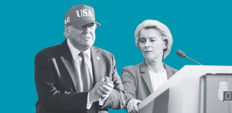 "נשיאת נציבות האיחוד האירופי, אורסולה פון דר ליין, ונשיא ארה''ב דונלד טראמפ / צילום: Reuters, Jonathan Raa, Fritz Nordengren"