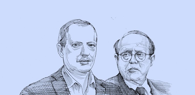 מימין: עו''ד יעקב וינרוט המנוח ובנו עו''ד יחיאל וינרוט / איור: גיל ג'יבלי
