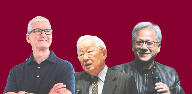 "מימין: ג'נסן הואנג, מנכ''ל אנבידיה, מוריס צ'אנג, יו''ר TSMC, וטים קוק, מנכ''ל אפל / צילום: Pichi Chuang-  AP, Noah Berger - רויטרס"