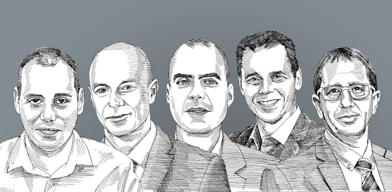 מנכ''לי חברות הביטוח. מימין: ניר כהן (הראל), רונן אגסי (מגדל), מיכאל קלמן (מנורה), יורם נוה (כלל), אייל בן סימון (הפניקס) / איור: גיל ג'יבלי