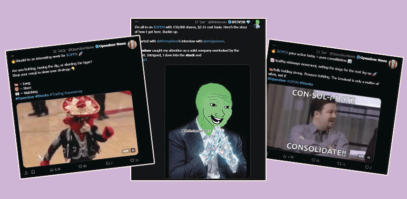 "חשבונות ברשת X (טוויטר) ממליצים על מניית Opendoor: ''אני אול אין'' / צילום: צילומי מסך מרשת X (טוויטר)"