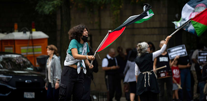 מפגינים פרו-פלסטינים מחוץ לעצרת האו''ם / צילום: ap, Angelina Katsanis