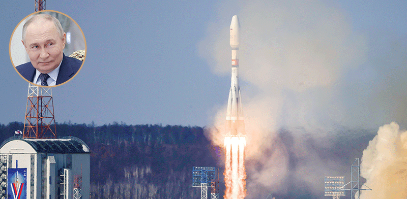 "שיגור לוויין איראני בנמל החלל קוסמודרום ווסטוצ'ני ברוסיה (בעיגול: ולדימיר פוטין, נשיא רוסיה) / צילום: רויטרס - Alexander Kazakov"