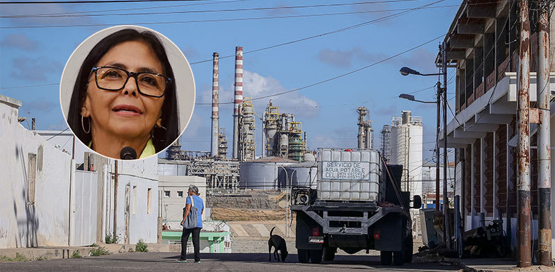 "בית הזיקוק פונטה קרדון בוונצואלה. בעיגול: דלסי רודריגס, נשיאת ונצואלה הזמנית / צילום: Reuters, Jesus Vargas, ULAN"