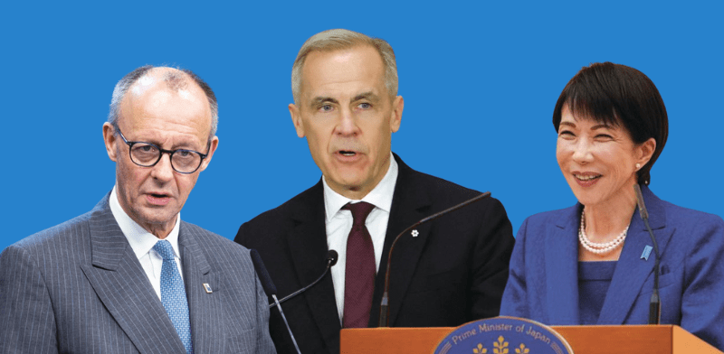 "סנאה טאקאיצ'י, ראש ממשלת יפן, מארק קרני, ראש ממשלת קנדה ופרידריך מרץ, קנצלר גרמניה / צילום: Reuters, Kin Cheung/Pool, Patrick Doyle, Nicolas Economou"