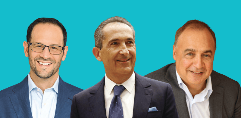 "מימין: לן בלווטניק, מבעלי רשת 13; פטריק דרהי, המשקיע החדש; ואמיליאנו קלמזוק, מנכ''ל רשת 13 / צילום: טים בישופ, יח''צ, רויטרס"