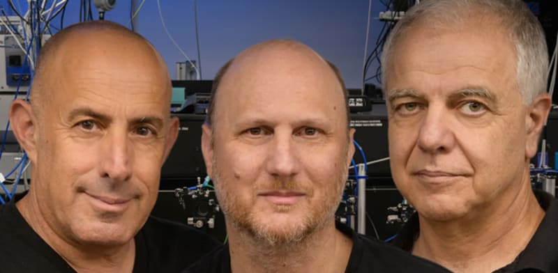 Quantum Art founders Prof. Roee Ozeri, Dr. Tal David, Dr. Amit Ben Kish  credit:  Jonathan Bloom