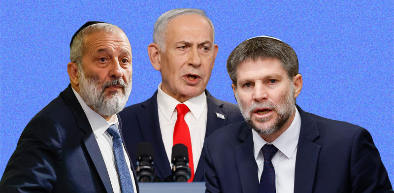 "שר האוצר בצלאל סמוטריץ', ראש הממשלה בנימין נתניהו ויו''ר ש''ס אריה דרעי / צילום: נועם מושקוביץ - דוברות הכנסת, אוליביה פיטוסי - ''הארץ''"