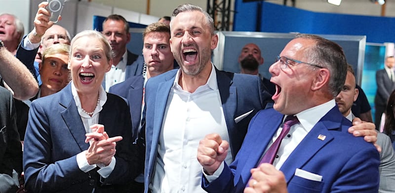 ראשי מפלגת ''אלטרנטיבה לגרמניה'' חוגגים לאחר פרסום המדגמים / צילום: Reuters