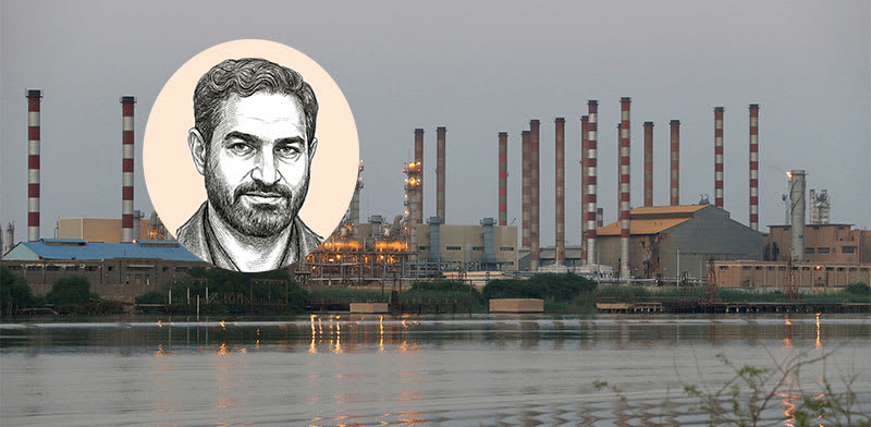 מתקן נפט באיראן. בעיגול: מוסטפא אחדי / צילום: רויטרס-Essam Al-Sudani, איור: גיל ג'יבלי
