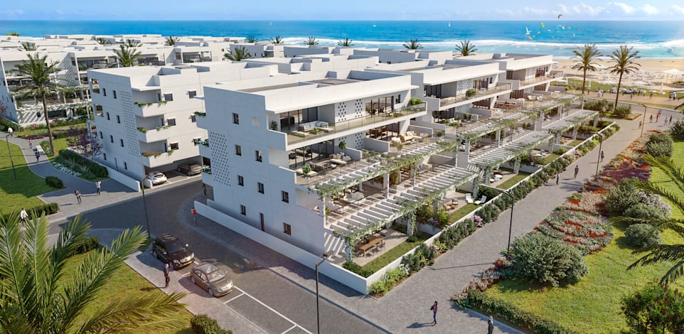 פרויקט ''טורקיז'' של חברת גשם החזקות בכפר ג'סר א־זרקא / הדמיה: סטודיו לומו,